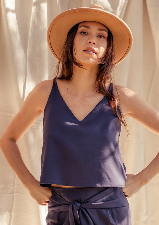 Sarita V-Neck Tencel Cami Eclipse w/ Adjustable Back Ties in Navy - Veneka-Sustainable-Ethical-Tops-Valani Drop Ship