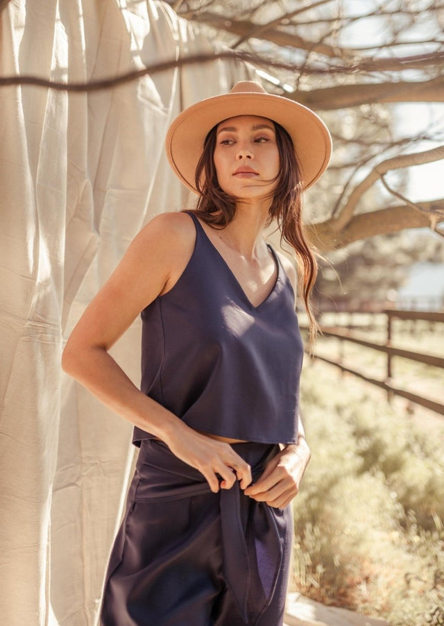 Sarita V-Neck Tencel Cami Eclipse w/ Adjustable Back Ties in Navy - Veneka-Sustainable-Ethical-Tops-Valani Drop Ship