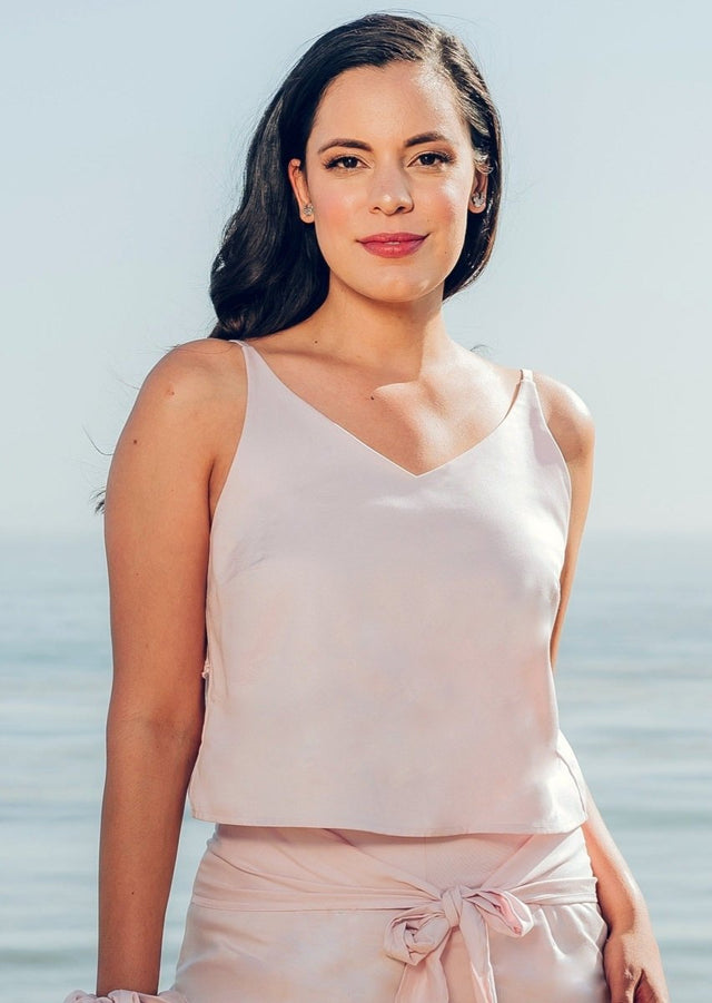 Sarita V-Neck Tencel Cami Lilac with Adjustable Back Ties in Pale Lilac - Veneka-Sustainable-Ethical-Tops-Valani Drop Ship