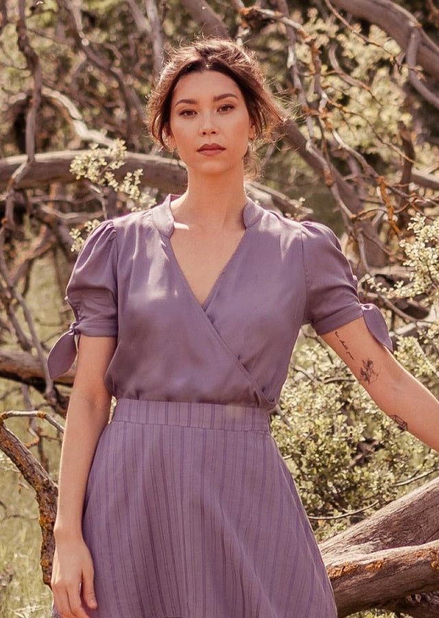 Sitha Faux Wrap Tencel Top with Puff Sleeves in Purple - Veneka-Sustainable-Ethical-Tops-Valani Drop Ship