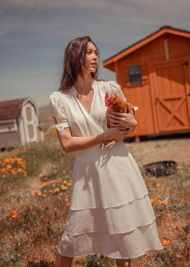 Sitha Faux Wrap Tencel Top with Puff Sleeves in White - Veneka-Sustainable-Ethical-Tops-Valani Drop Ship