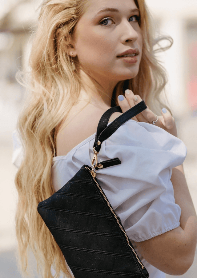 Step & Repeat Wristlet in Black - Veneka-Sustainable-Ethical-Bag-Tiradia Cork Drop Ship