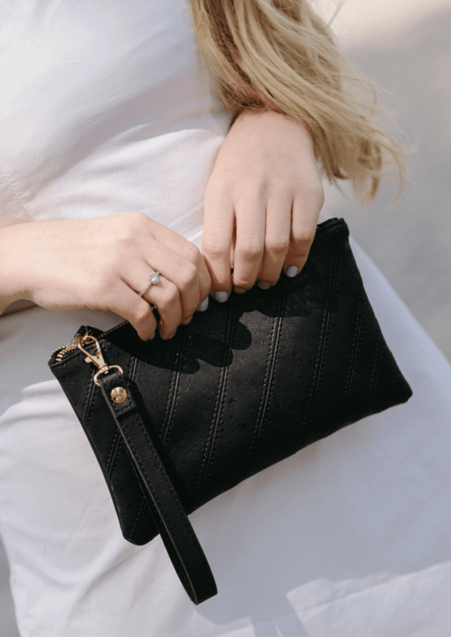 Step & Repeat Wristlet in Black - Veneka-Sustainable-Ethical-Bag-Tiradia Cork Drop Ship