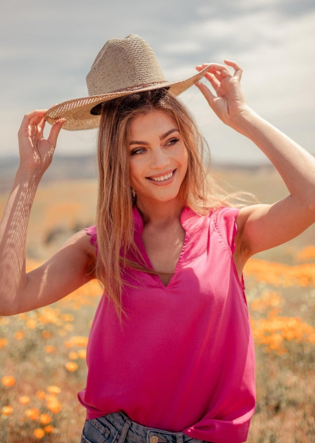 Thavy Tencel Top with Scalloped Cap Sleeves in Pink - Veneka-Sustainable-Ethical-Tops-Valani Drop Ship