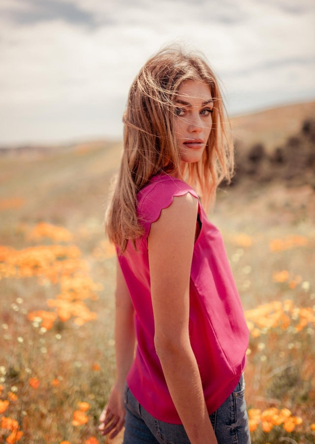 Thavy Tencel Top with Scalloped Cap Sleeves in Pink - Veneka-Sustainable-Ethical-Tops-Valani Drop Ship