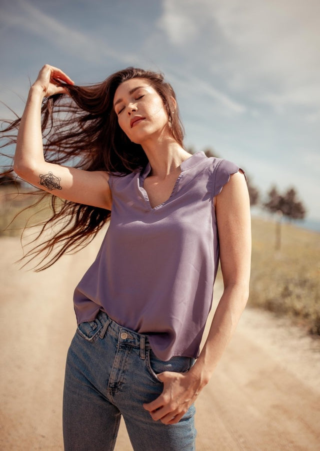 Thavy Tencel Top with Scalloped Cap Sleeves in Purple - Veneka-Sustainable-Ethical-Tops-Valani Drop Ship
