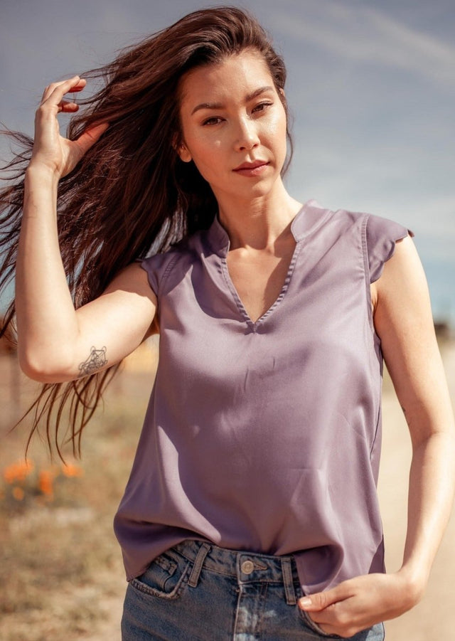 Thavy Tencel Top with Scalloped Cap Sleeves in Purple - Veneka-Sustainable-Ethical-Tops-Valani Drop Ship