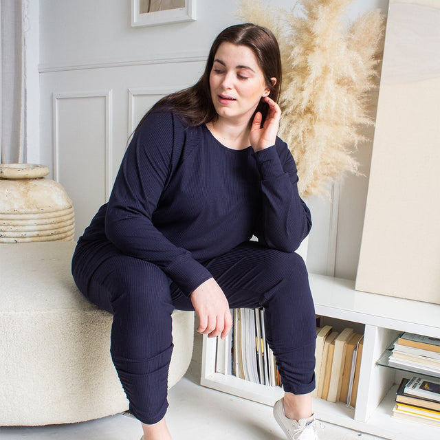 The Dressy Sweatpant in Navy Blue Rib - Veneka-Sustainable-Ethical-Bottoms-Encircled Drop Ship