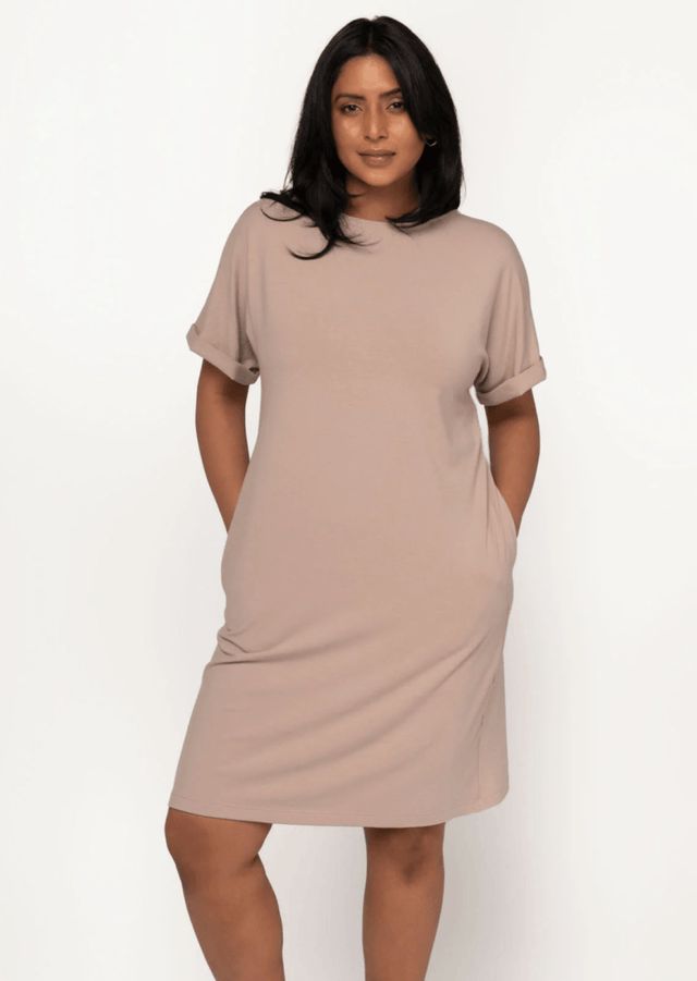 The Everyday T-Shirt Dress in Stone Beige - Final Sale - Veneka-Sustainable-Ethical-Dresses-Encircled Drop Ship