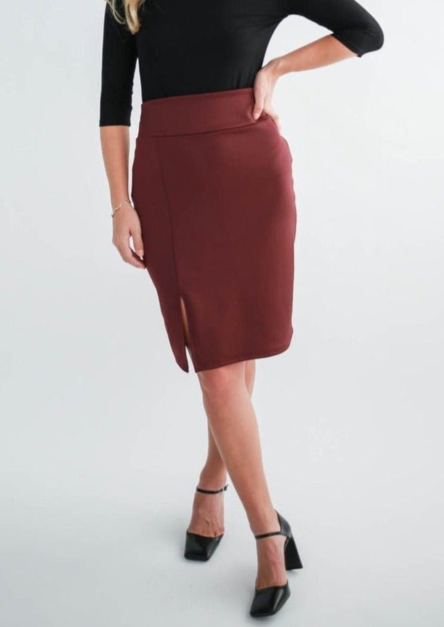 The Performance Pencil Skirt in Bordeaux - Final Sale - Veneka-Sustainable-Ethical-Bottoms-Encircled Drop Ship