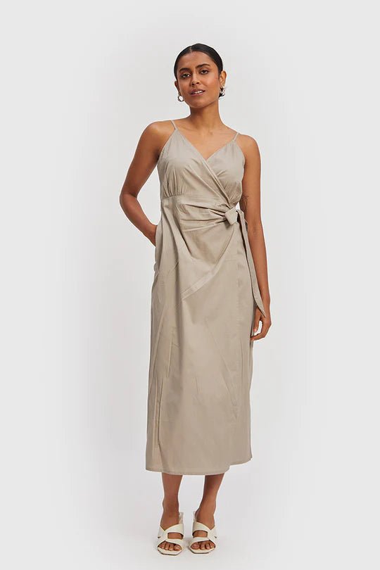 The Strappy Wrap Dress in Poplin Ecru - Veneka-Sustainable-Ethical-Dresses-Reistor Drop Ship