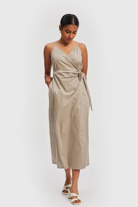 The Strappy Wrap Dress in Poplin Ecru - Veneka-Sustainable-Ethical-Dresses-Reistor Drop Ship