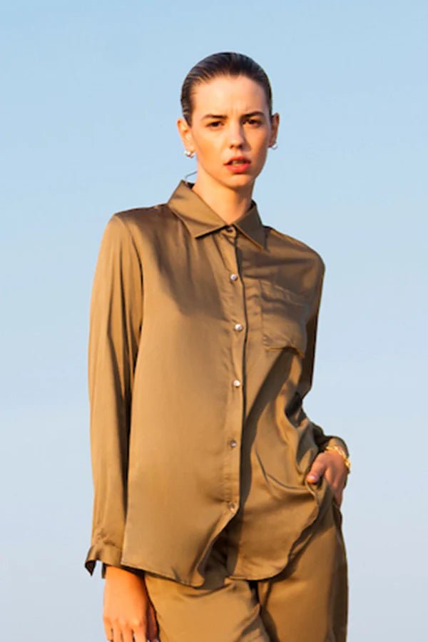 Twiggy Boyfriend Shirt in Khaki - Veneka-Sustainable-Ethical-Tops-Neu Nomads Drop Ship