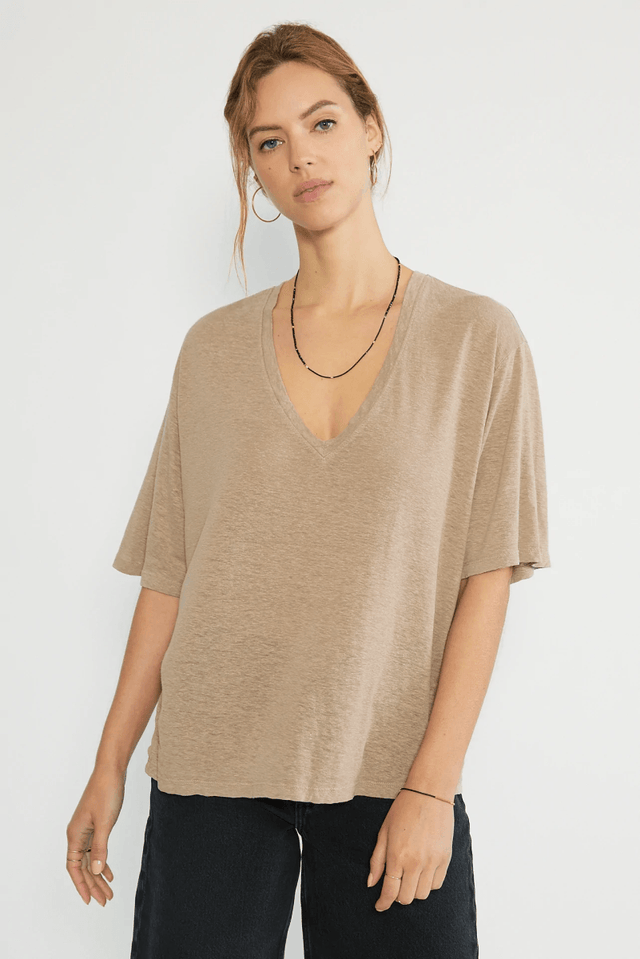 Ulli Relaxed V-Neck in Dune - Veneka-Sustainable-Ethical-Tops-Etica Denim Drop Ship