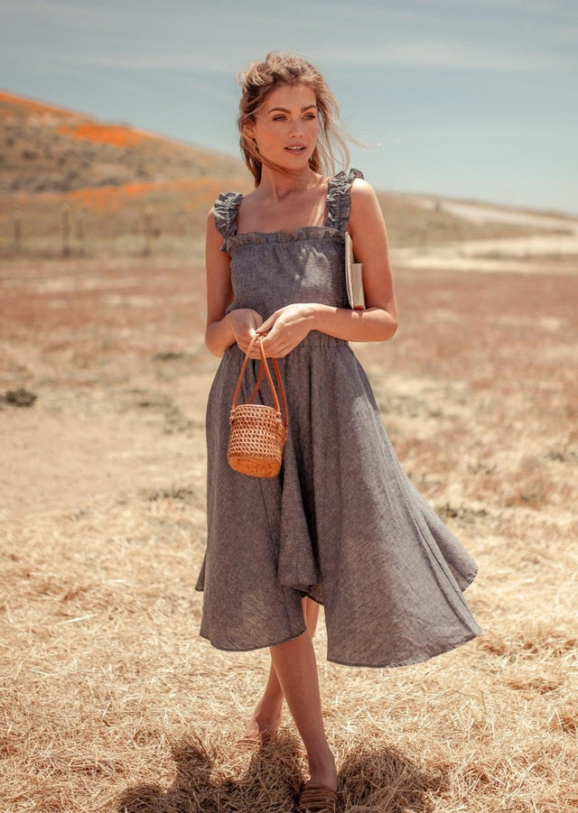 Vanna Ruffle Hemp Handkerchief Midi Dress in Grey - Veneka-Sustainable-Ethical-Dresses-Valani Drop Ship