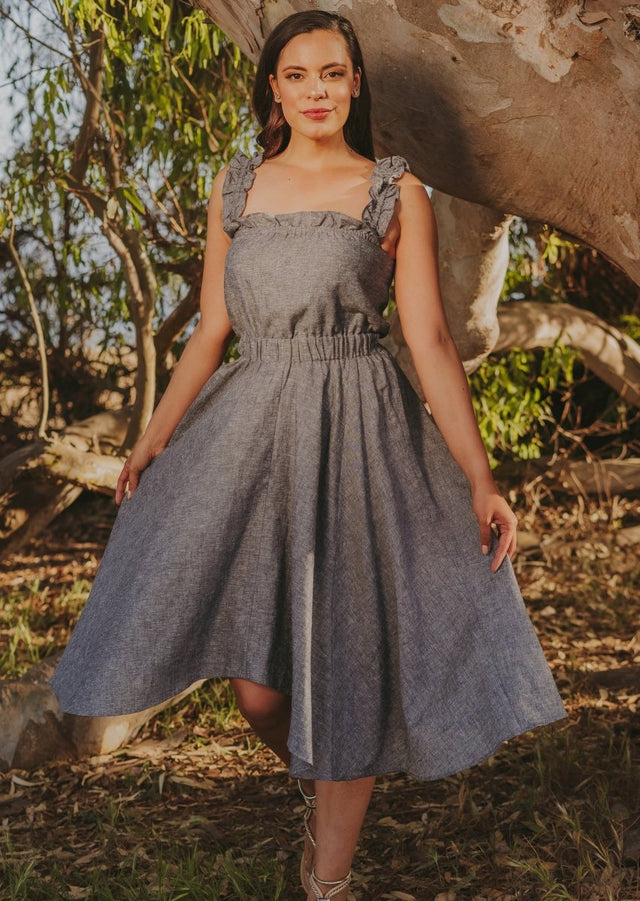 Vanna Ruffle Hemp Handkerchief Midi Dress in Grey - Veneka-Sustainable-Ethical-Dresses-Valani Drop Ship