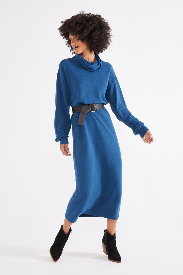 Yana Cowl Neck Knit Dress in Reflecting Pond - Veneka-Sustainable-Ethical-dress-Etica Denim Drop Ship