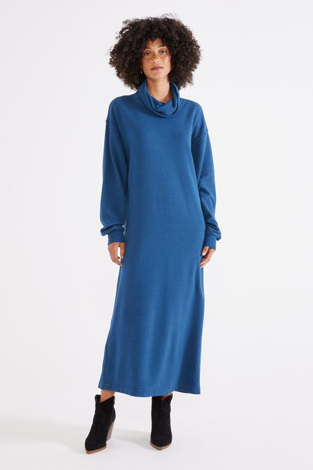 Yana Cowl Neck Knit Dress in Reflecting Pond - Veneka-Sustainable-Ethical-dress-Etica Denim Drop Ship
