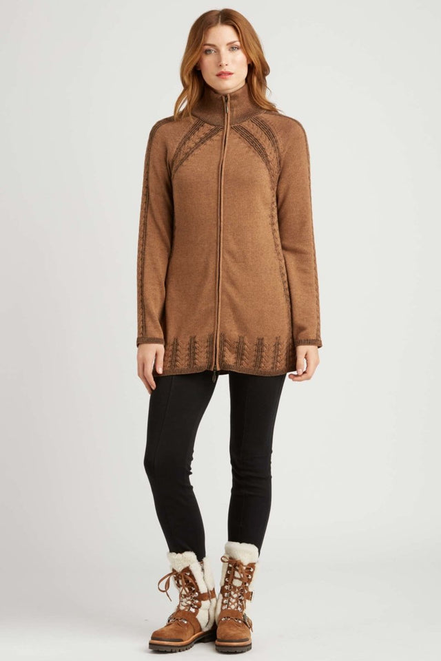 Cable Zip Cardigan in Camel Black - Veneka-Sustainable-Ethical-Jackets-Indigenous Drop Ship