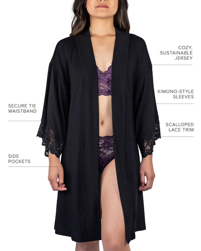 Calla Modal Kimono with Lace in Black - Veneka-Sustainable-Ethical-Jackets-Everviolet Drop Ship