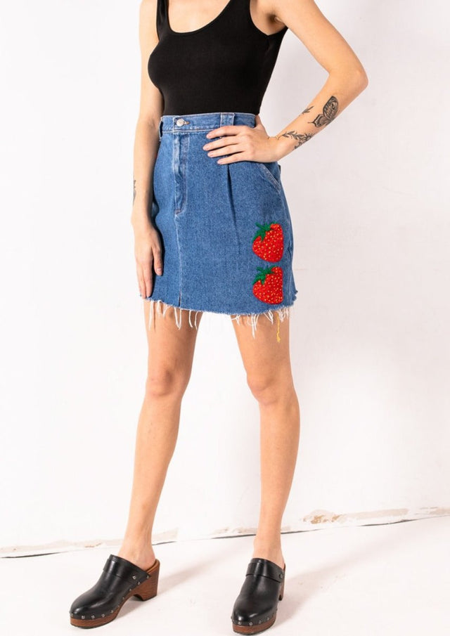 Denim Strawberry Skirt "Prism Collection" - Veneka-Sustainable-Ethical-Bottoms-Montie and Joie Drop Ship
