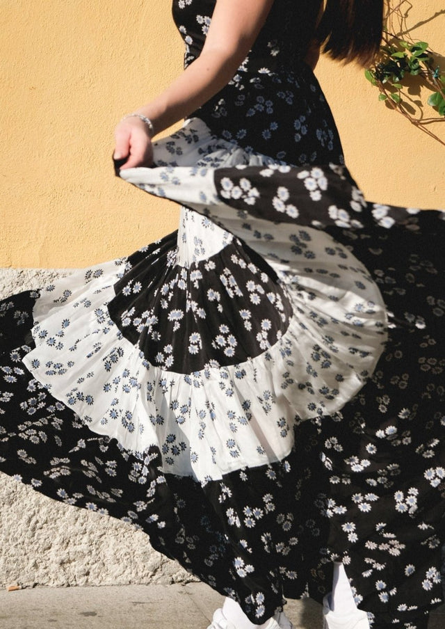 Ditsy Tiered Dress in Monochrome - Veneka-Sustainable-Ethical-Dresses-Em & Shi Drop Ship