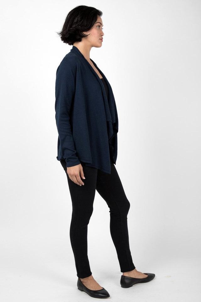 Drape Front Cardigan in Heather Navy - Veneka-Sustainable-Ethical-Jackets-Indigenous Drop Ship