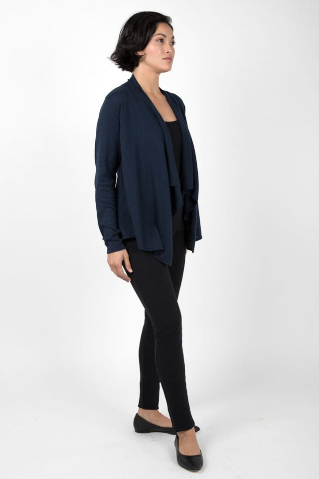 Drape Front Cardigan in Heather Navy - Veneka-Sustainable-Ethical-Jackets-Indigenous Drop Ship