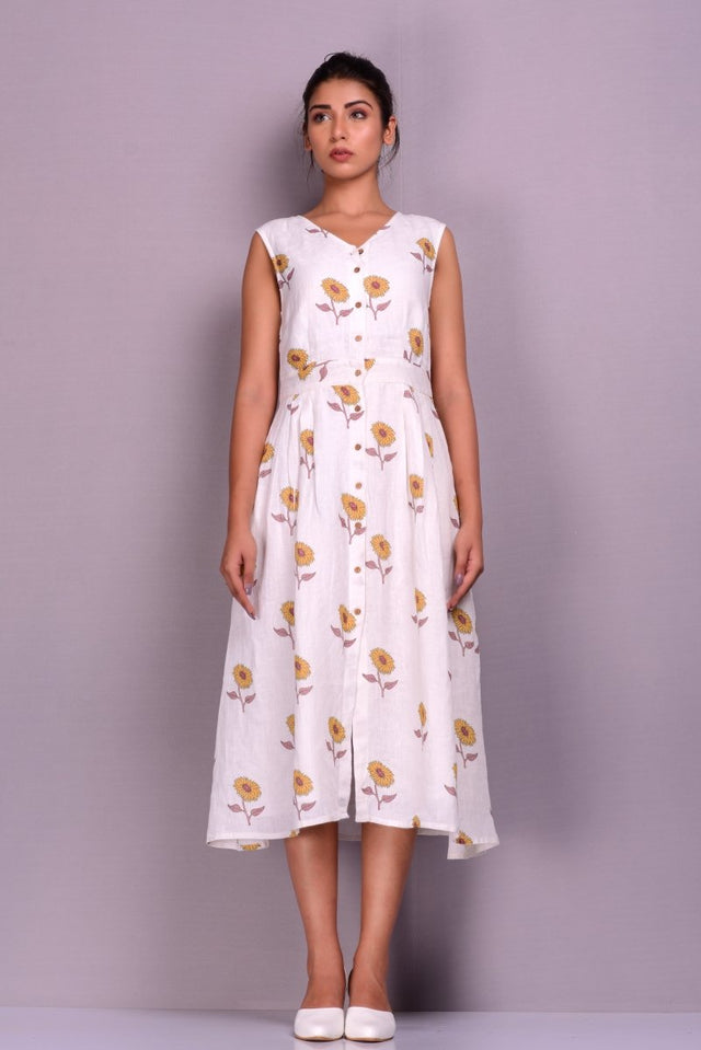 Dress in Sunflower Handblock - Veneka-Sustainable-Ethical-Dresses-Em & Shi Drop Ship