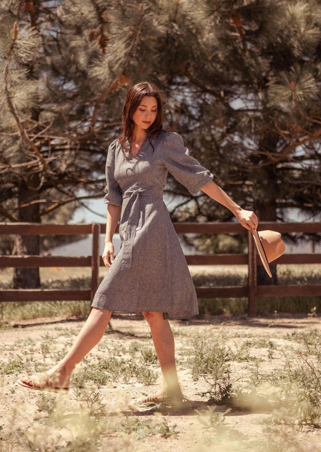 Dress with Puff Sleeves in Grey - Veneka-Sustainable-Ethical-Dresses-Valani Drop Ship