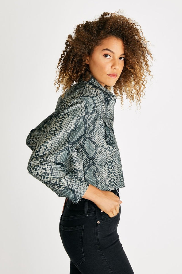 Drew Crop Jacket in Olive Snake - Veneka-Sustainable-Ethical-Jackets-Etica Denim Drop Ship