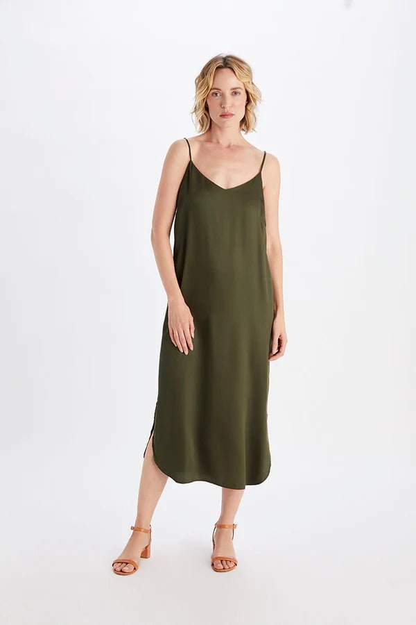 Easy Slip Dress in Olive Night - Veneka-Sustainable-Ethical-Dresses-Neu Nomads Drop Ship