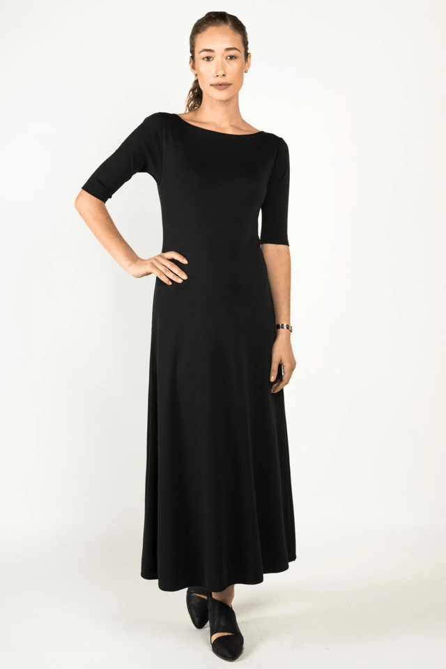 Elbow Sleeve Boatneck Dress in Black - Veneka-Sustainable-Ethical-Dresses-Indigenous Drop Ship