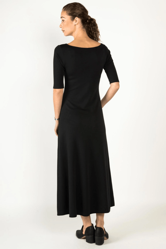 Elbow Sleeve Boatneck Dress in Black - Veneka-Sustainable-Ethical-Dresses-Indigenous Drop Ship