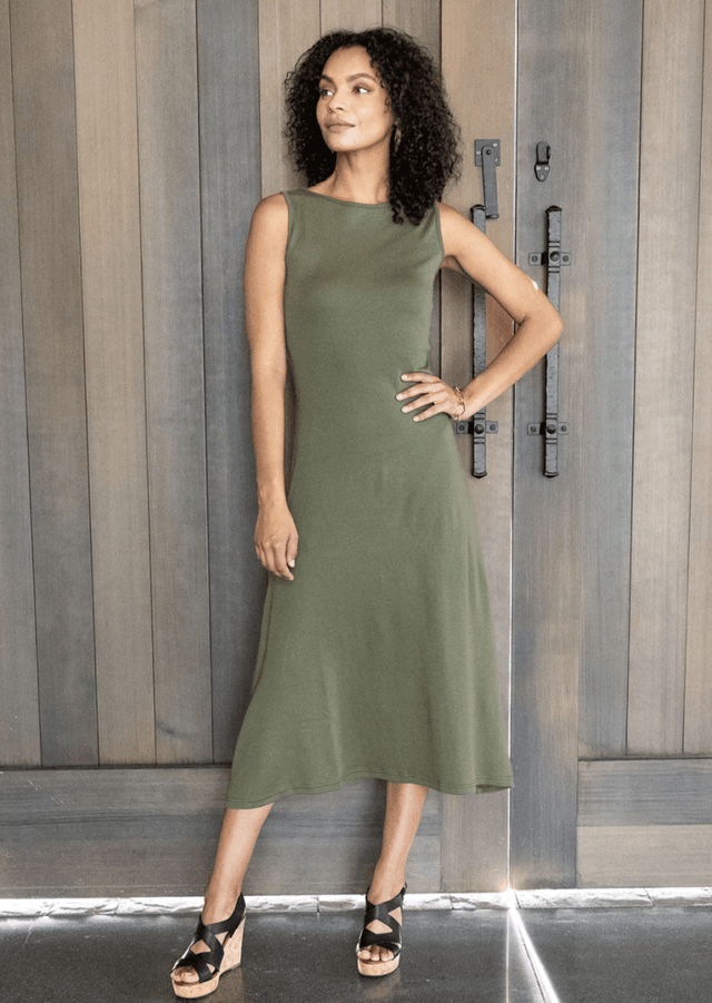 Essential Boatneck Dress in Olive Veneka Essential Boatneck Dress in Olive Veneka