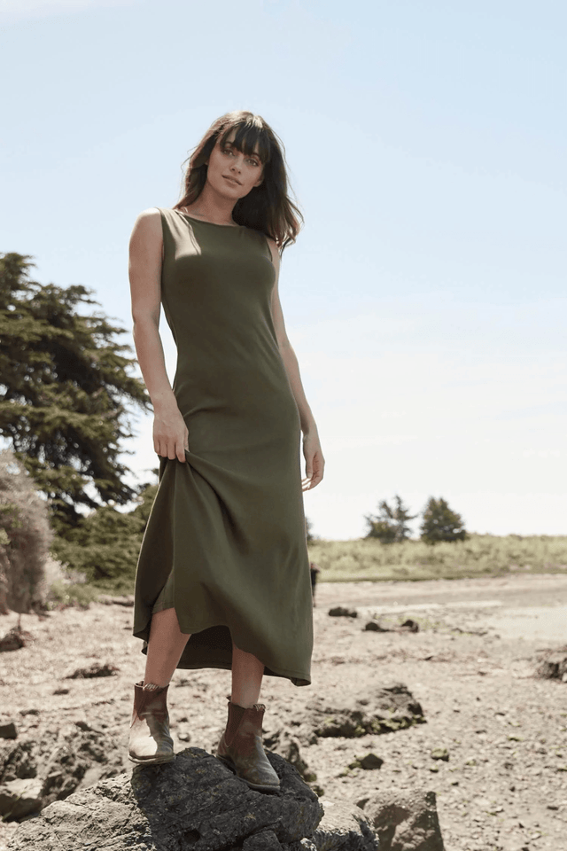 Essential Boatneck Dress in Olive - Veneka-Sustainable-Ethical-Dresses-Indigenous Drop Ship