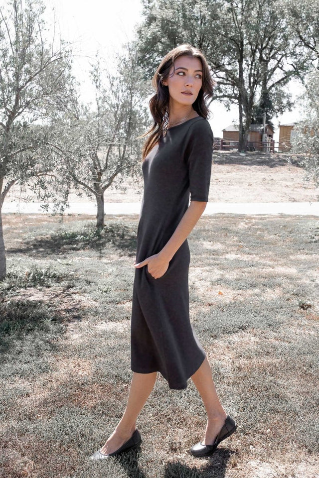 Essential Boatneck Midi Dress with Pockets in Olive - Veneka-Sustainable-Ethical-Dresses-Indigenous Drop Ship