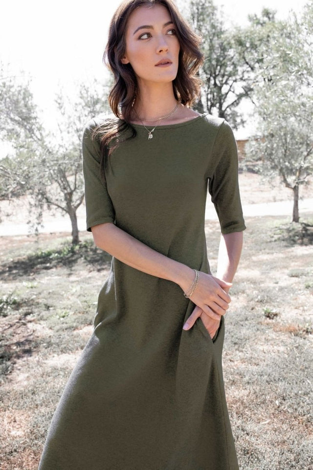 Essential Boatneck Midi Dress with Pockets in Olive - Veneka-Sustainable-Ethical-Dresses-Indigenous Drop Ship