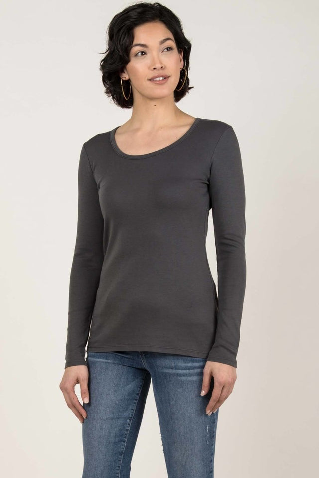 Essential Long Sleeve Scoop Tee in Charcoal - Veneka-Sustainable-Ethical-Tops-Indigenous Drop Ship