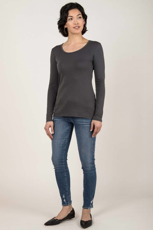 Essential Long Sleeve Scoop Tee in Charcoal - Veneka-Sustainable-Ethical-Tops-Indigenous Drop Ship