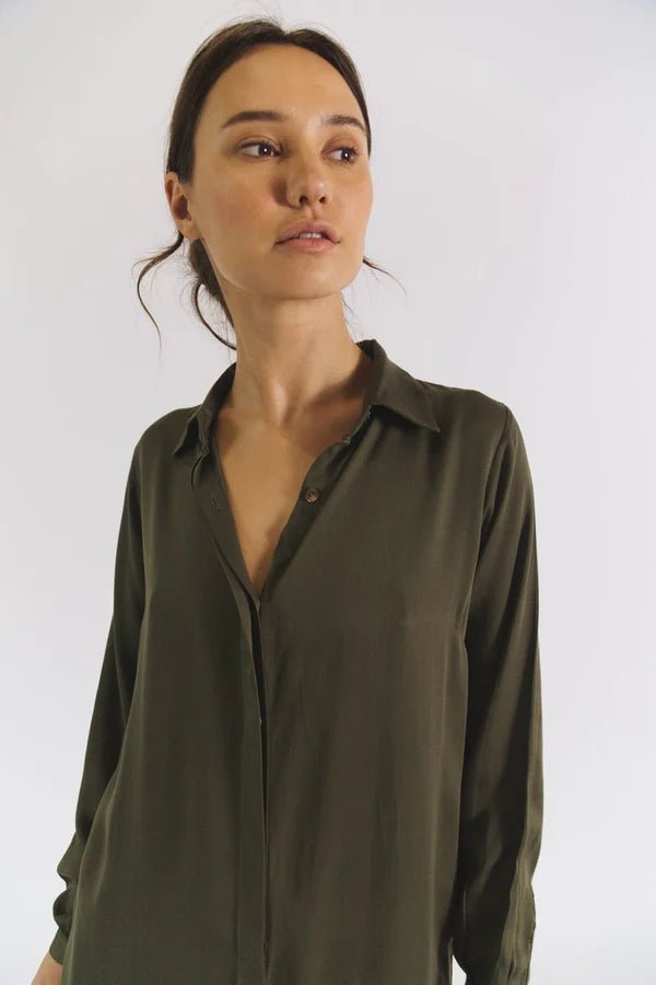 Essential Shirt Dress in Olive Night - Veneka-Sustainable-Ethical-Dresses-Neu Nomads Drop Ship