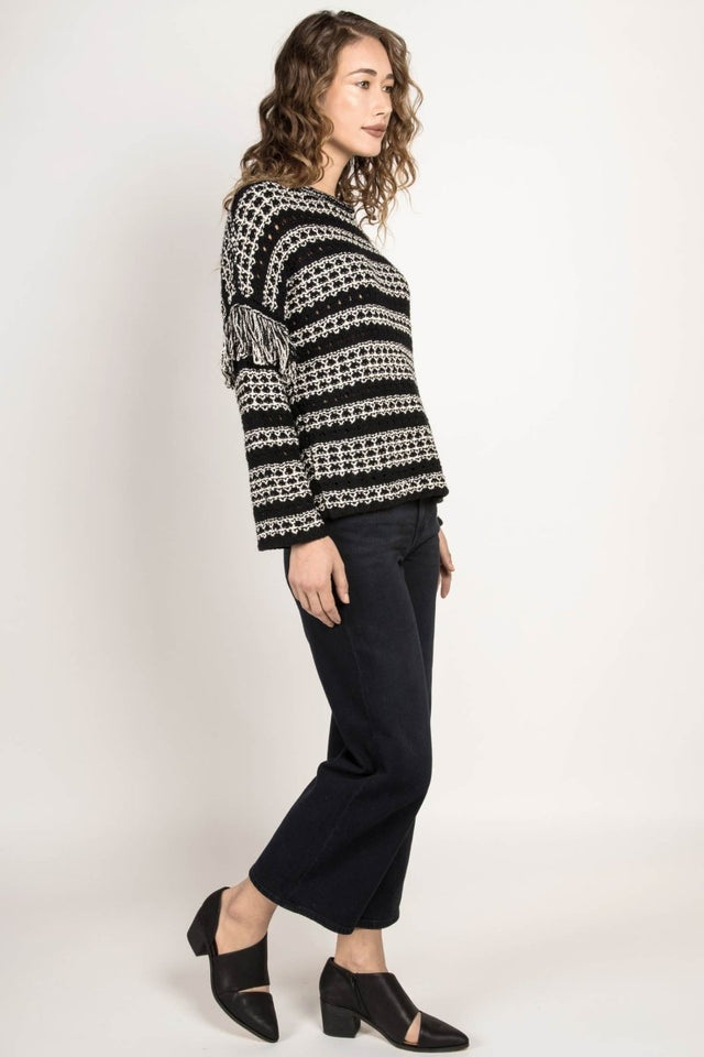 Fringe Sleeve Sweater in Black Mix - Veneka-Sustainable-Ethical-Tops-Indigenous Drop Ship