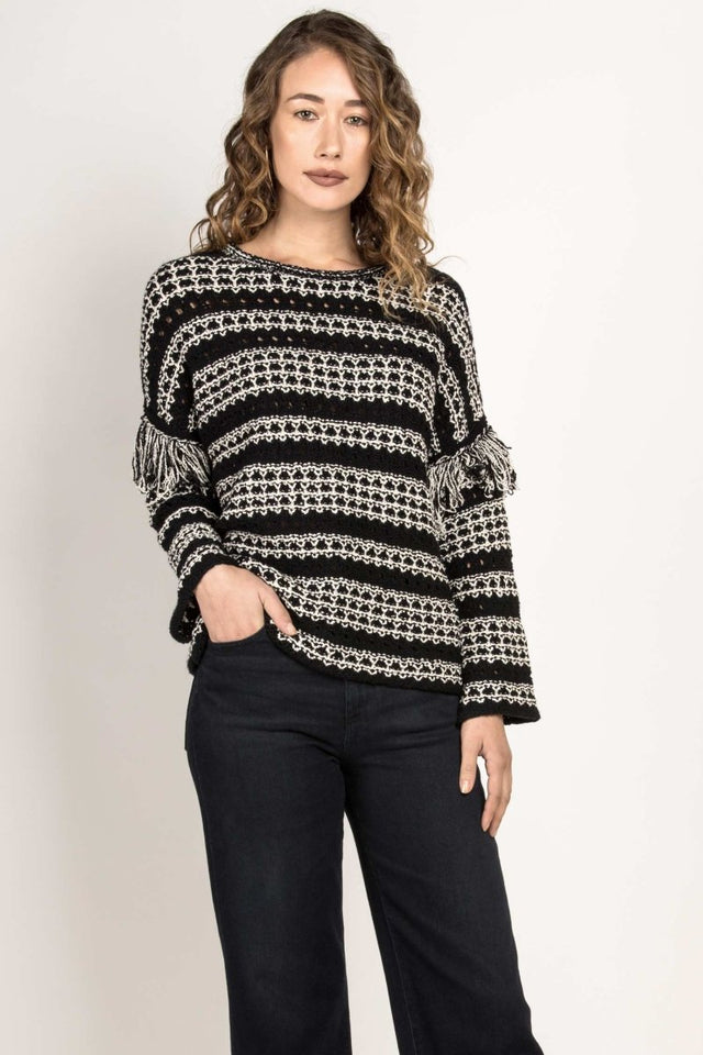 Fringe Sleeve Sweater in Black Mix - Veneka-Sustainable-Ethical-Tops-Indigenous Drop Ship