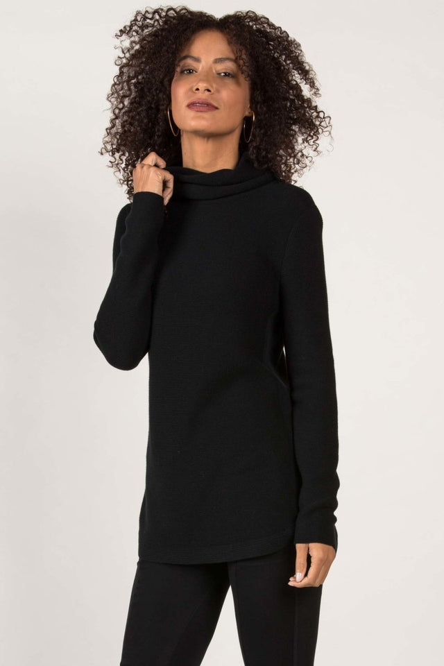 Funnel Neck Pullover Sweater in Black - Veneka-Sustainable-Ethical-Tops-Indigenous Drop Ship