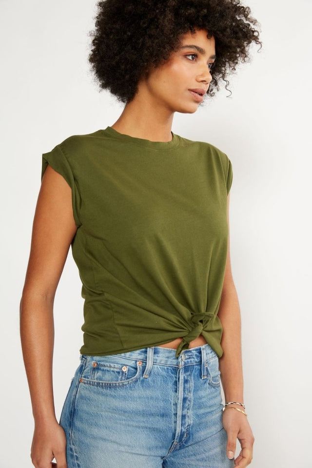 Gemma Organic Cotton Tie Front Tee in Forest Night - Veneka-Sustainable-Ethical-Tops-Etica Denim Drop Ship