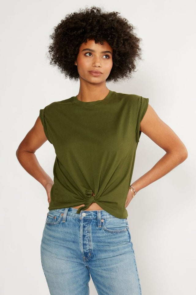 Gemma Organic Cotton Tie Front Tee in Forest Night - Veneka-Sustainable-Ethical-Tops-Etica Denim Drop Ship