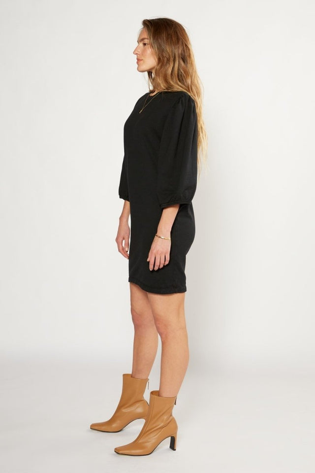 Isabelle Puff Sleeve Dress in Black Beauty - Veneka-Sustainable-Ethical-Dresses-Etica Denim Drop Ship