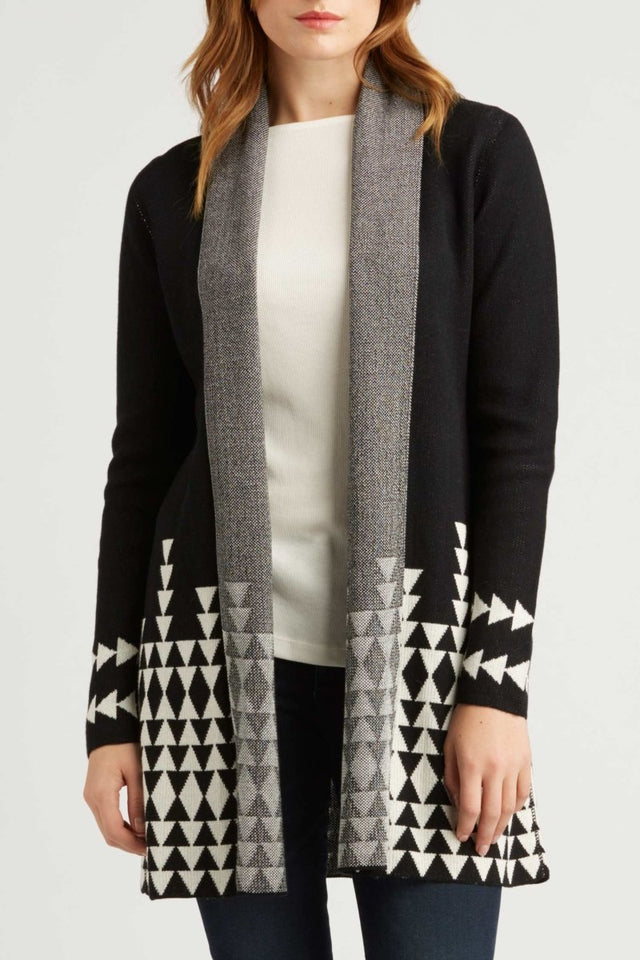 Jacquard Cardigan in Black Ivory - Veneka-Sustainable-Ethical-Jackets-Indigenous Drop Ship