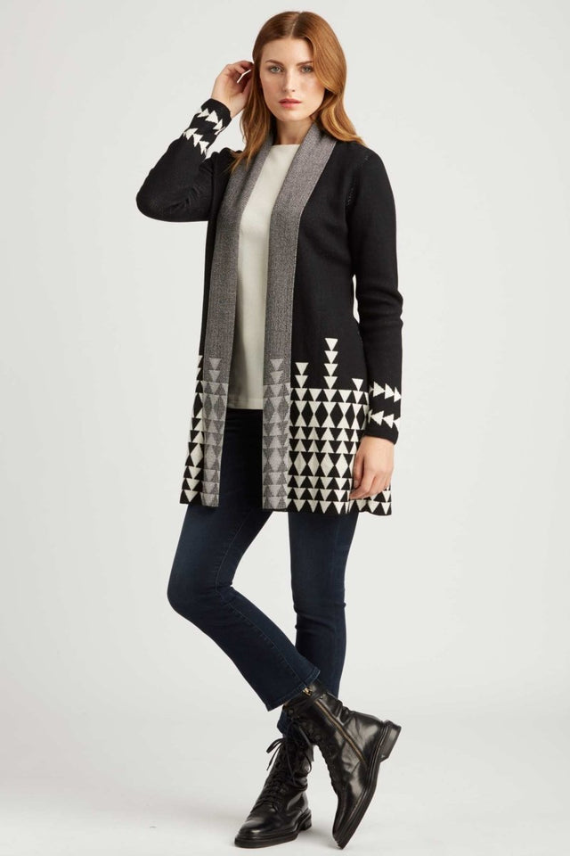 Jacquard Cardigan in Black Ivory - Veneka-Sustainable-Ethical-Jackets-Indigenous Drop Ship