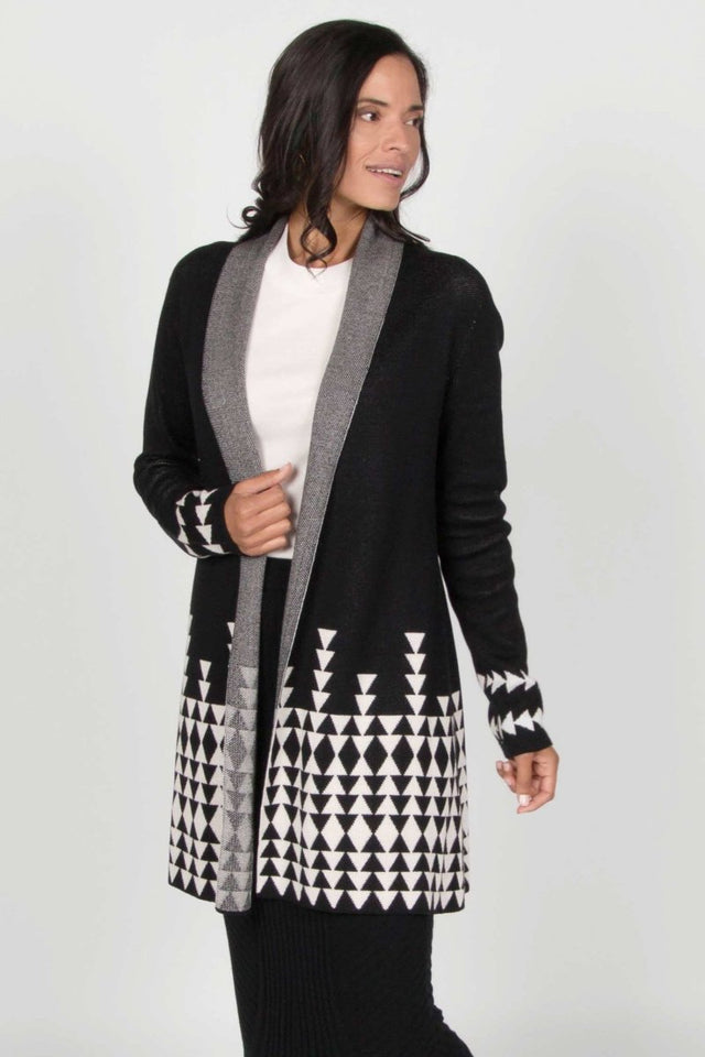 Jacquard Cardigan in Black Ivory - Veneka-Sustainable-Ethical-Jackets-Indigenous Drop Ship